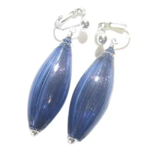 Murano Glass Dark Blue Long Oval Sterling Silver Earrings