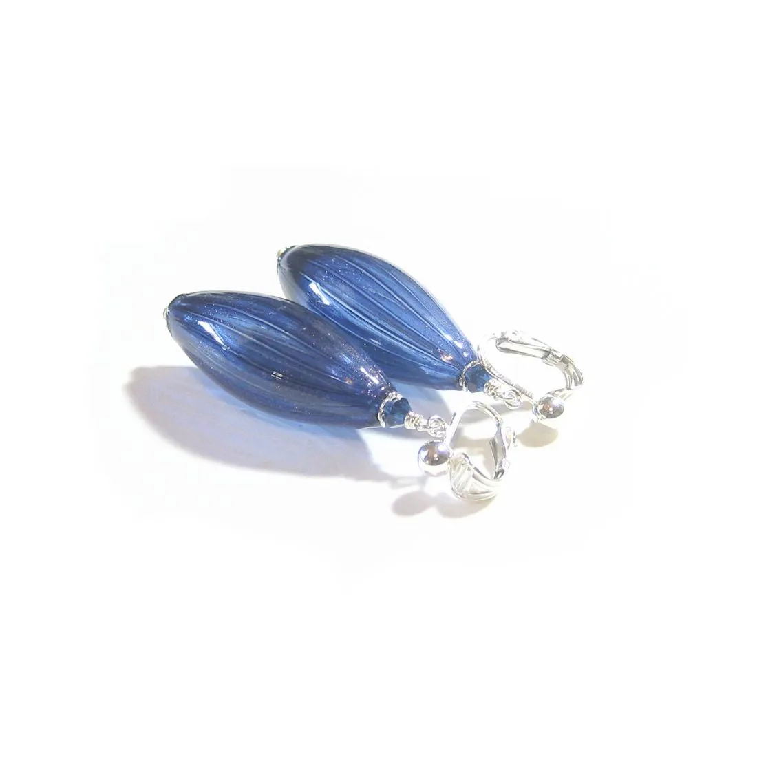 Murano Glass Dark Blue Long Oval Sterling Silver Earrings