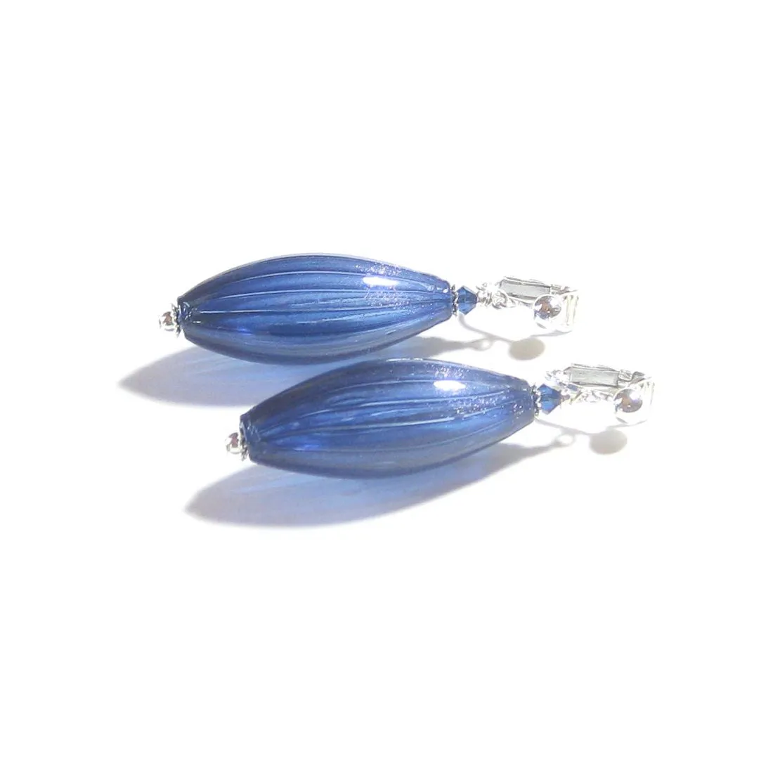 Murano Glass Dark Blue Long Oval Sterling Silver Earrings