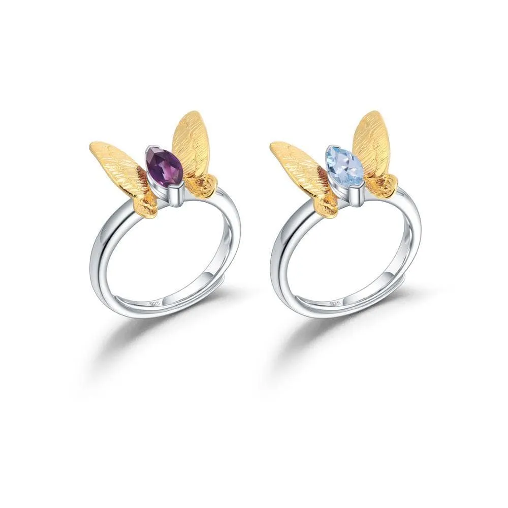 Natural Amethyst Gemstone Butterfly Adjustable Ring