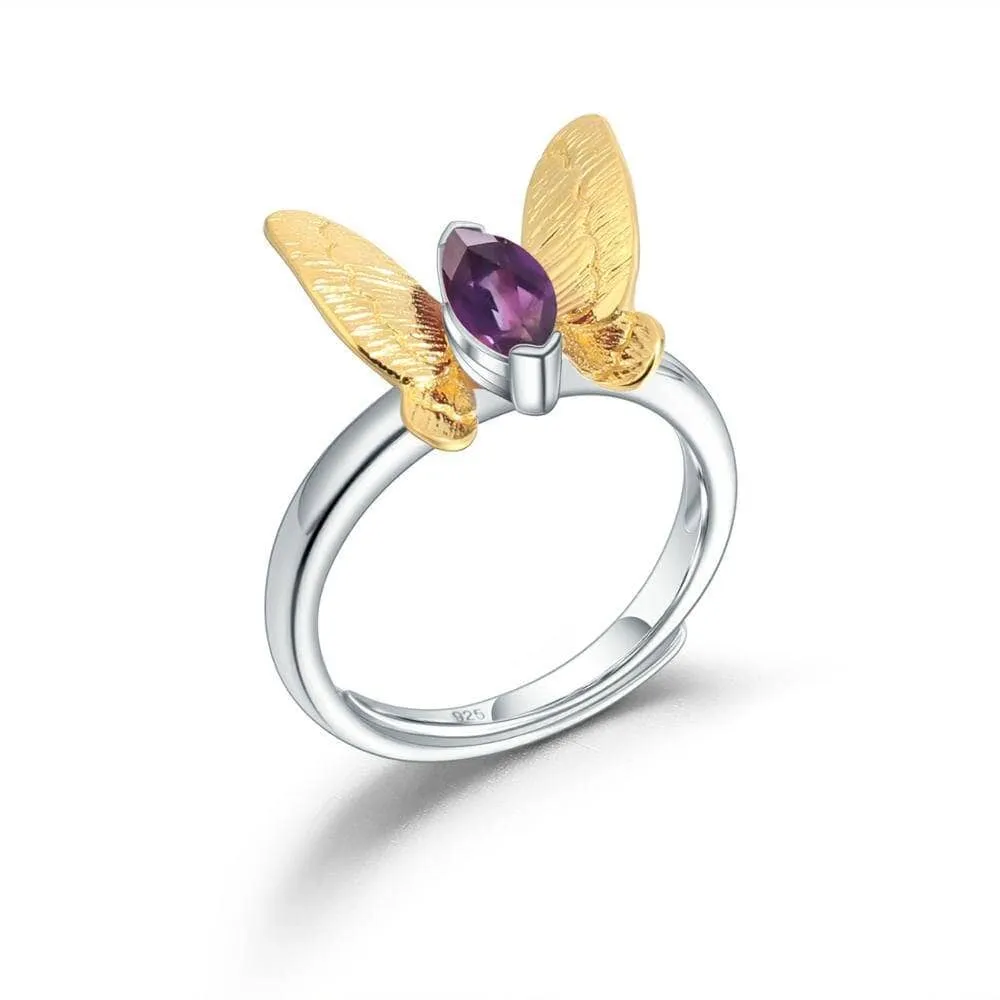 Natural Amethyst Gemstone Butterfly Adjustable Ring