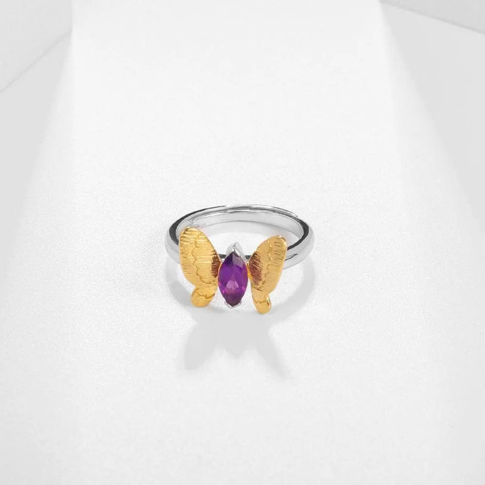 Natural Amethyst Gemstone Butterfly Adjustable Ring