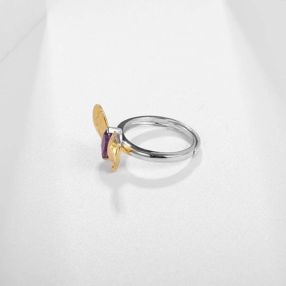 Natural Amethyst Gemstone Butterfly Adjustable Ring