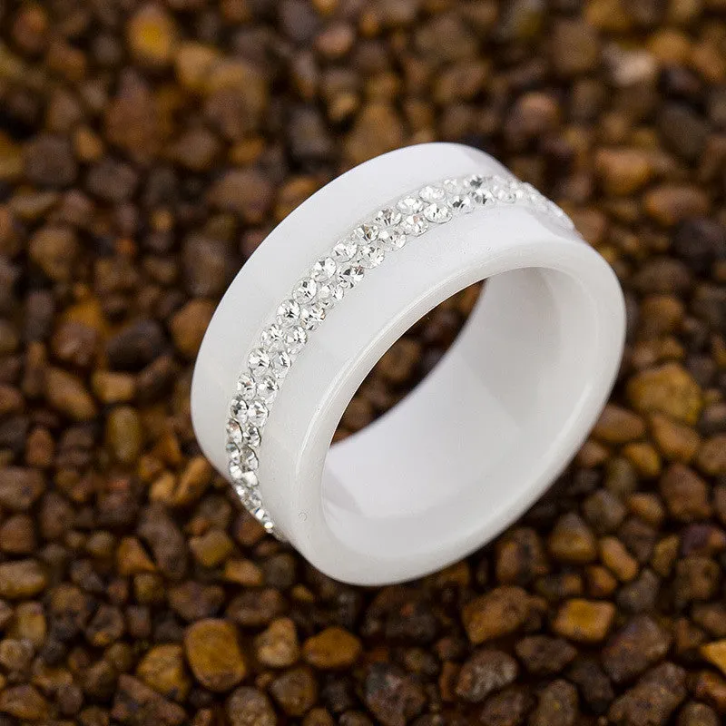 New 10MM Black and White 2 Row Crystal Ceramic Ring Women Engagement Promise Wedding Band Gifts For Women