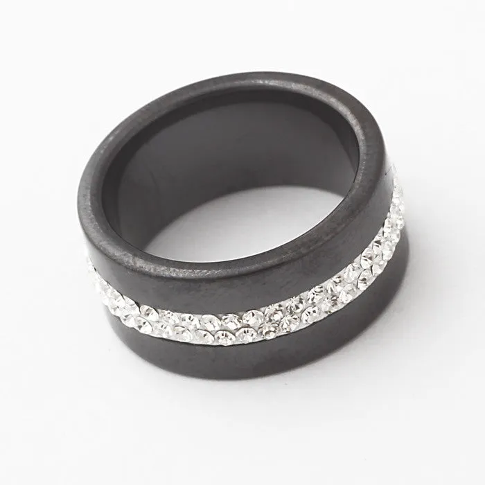 New 10MM Black and White 2 Row Crystal Ceramic Ring Women Engagement Promise Wedding Band Gifts For Women