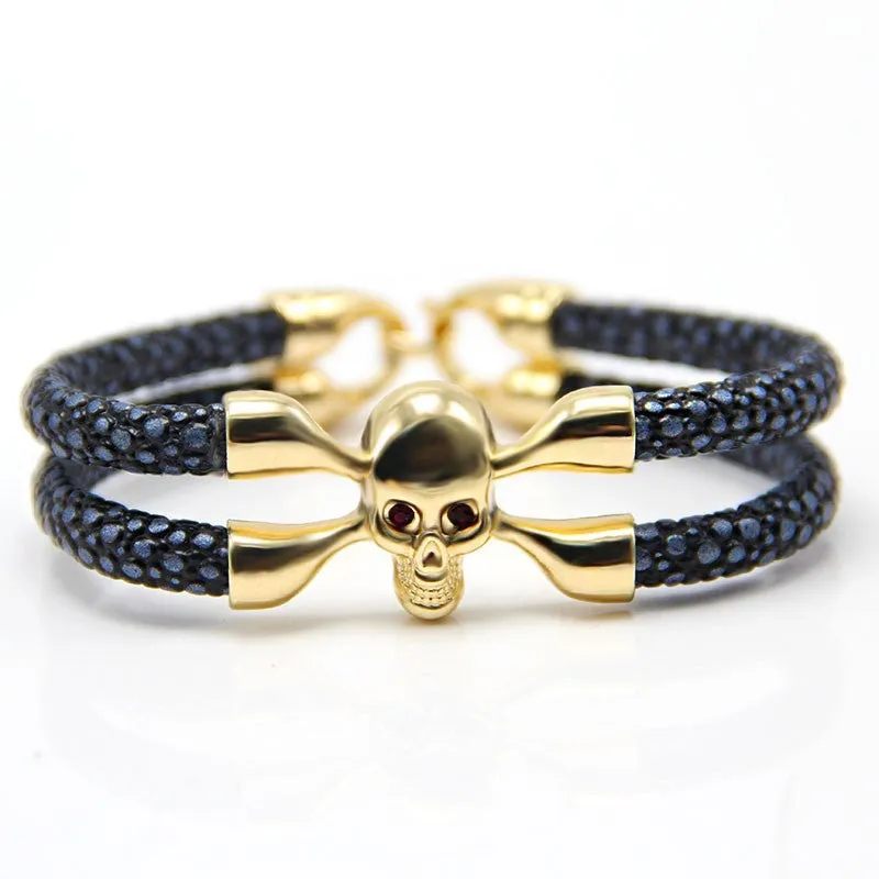 New Arrival baseball stingray leather skull bracelet Luxury man Skull Bracelet handmade high qaulity leather bracelet