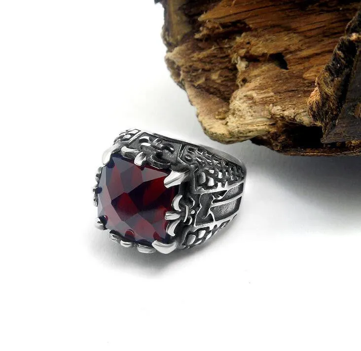 New Arrival Sales Fashion Ring For Men Punk Rock Heavy Solid Stainless Steel Gothic Mens Rings Red Stone Men's Ring Jewelry