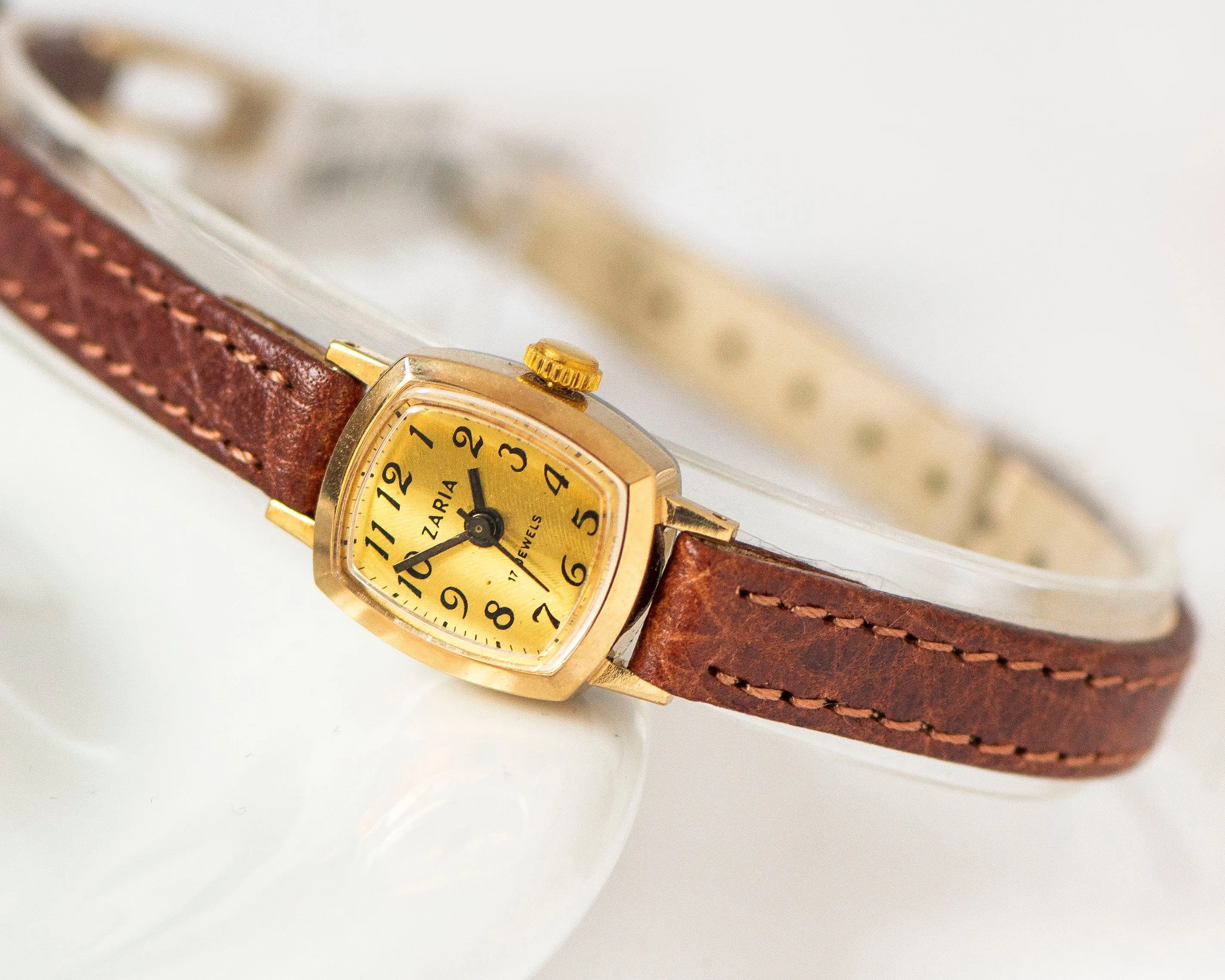 New old stock watch for women Dawn gold plated vintage, micro lady watch rectangular classic dial Arabic numerals, new premium leather strap