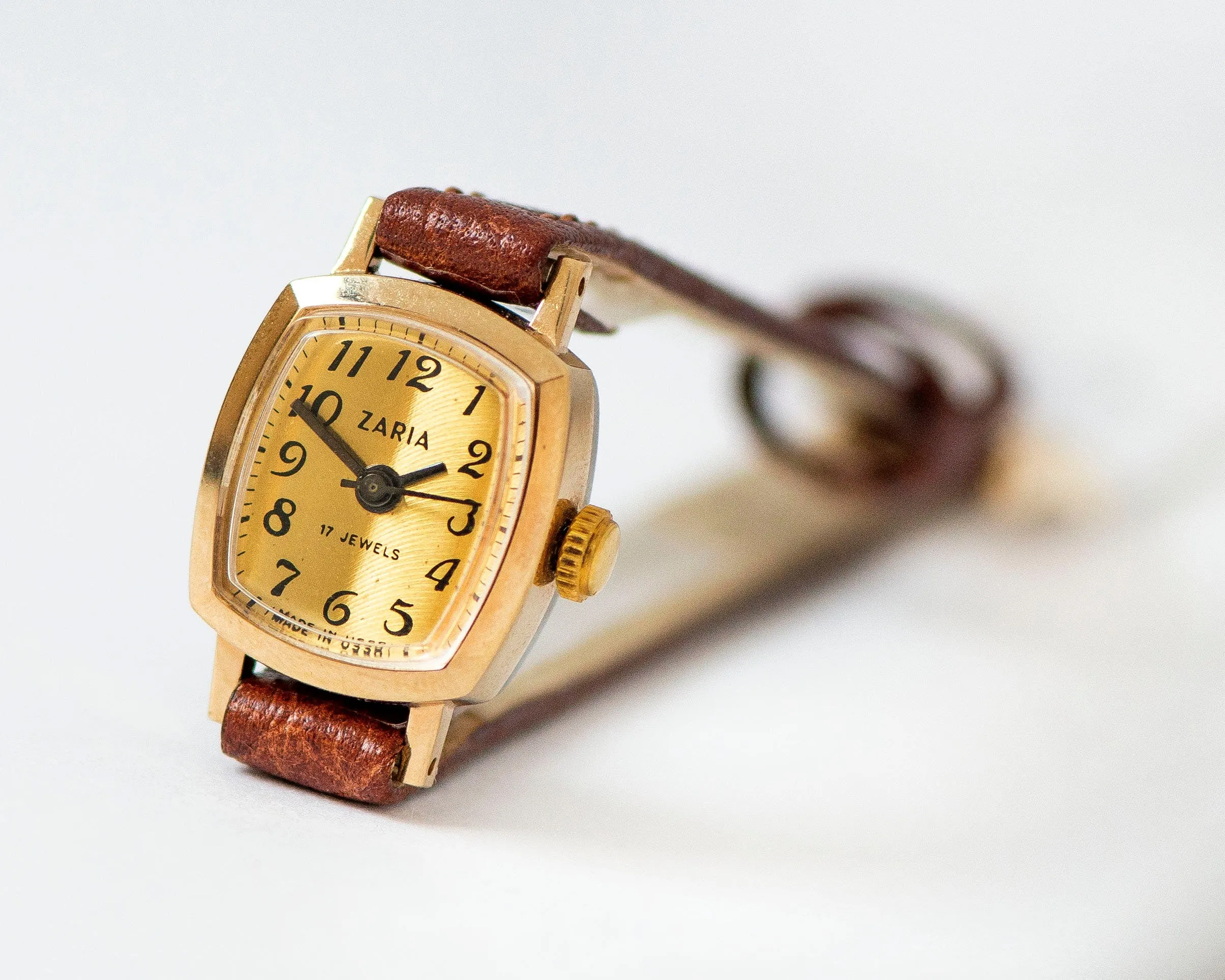 New old stock watch for women Dawn gold plated vintage, micro lady watch rectangular classic dial Arabic numerals, new premium leather strap