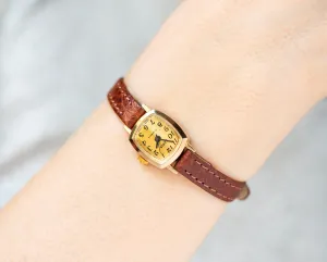 New old stock watch for women Dawn gold plated vintage, micro lady watch rectangular classic dial Arabic numerals, new premium leather strap