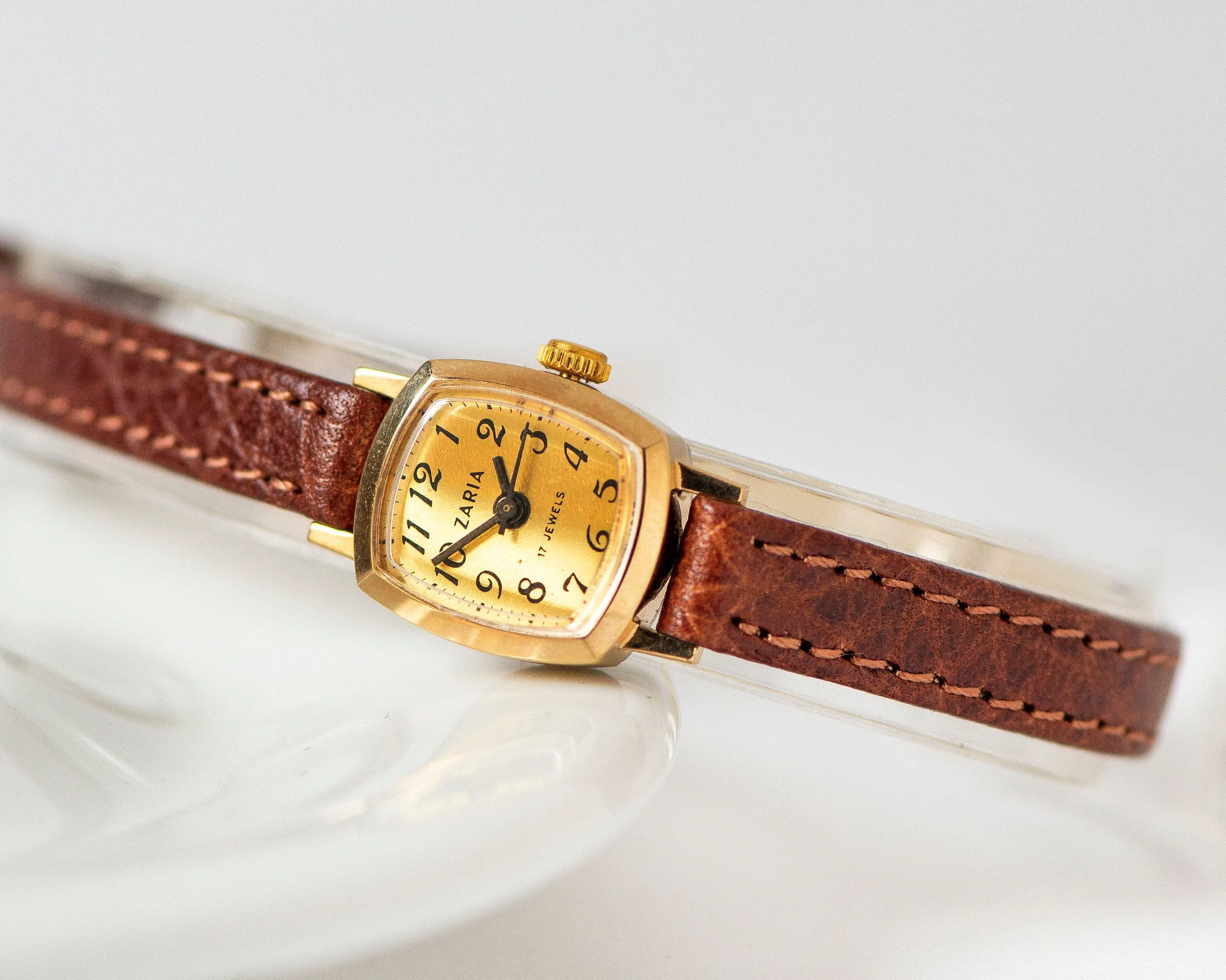 New old stock watch for women Dawn gold plated vintage, micro lady watch rectangular classic dial Arabic numerals, new premium leather strap