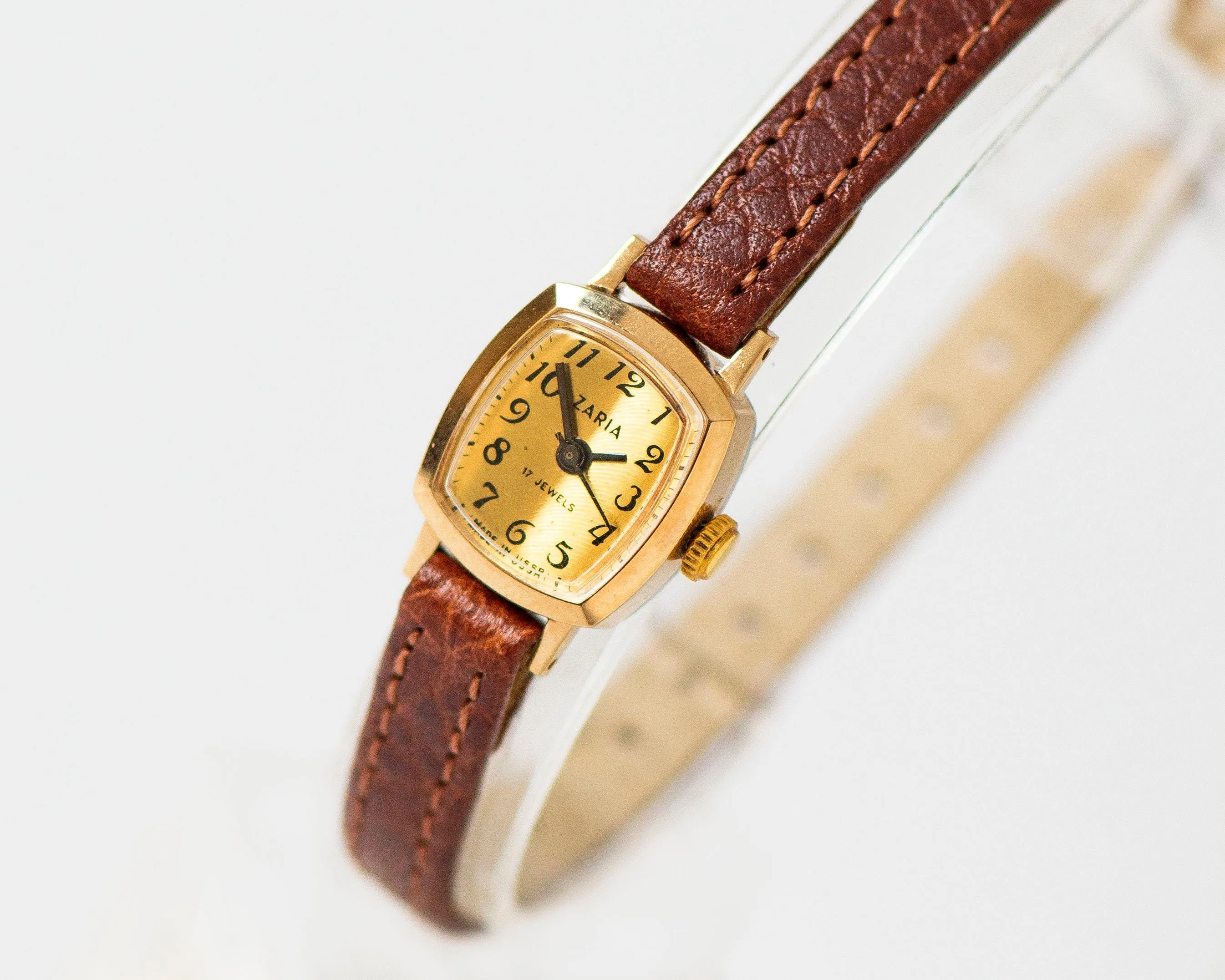 New old stock watch for women Dawn gold plated vintage, micro lady watch rectangular classic dial Arabic numerals, new premium leather strap