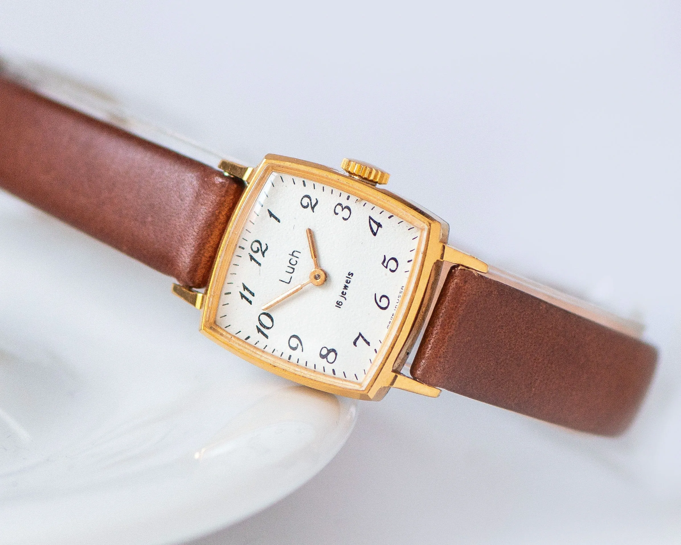 New old stock women's watch square Ray gift, small lady watch gold plated, wristwatch minimalist gift for women, new genuine leather strap