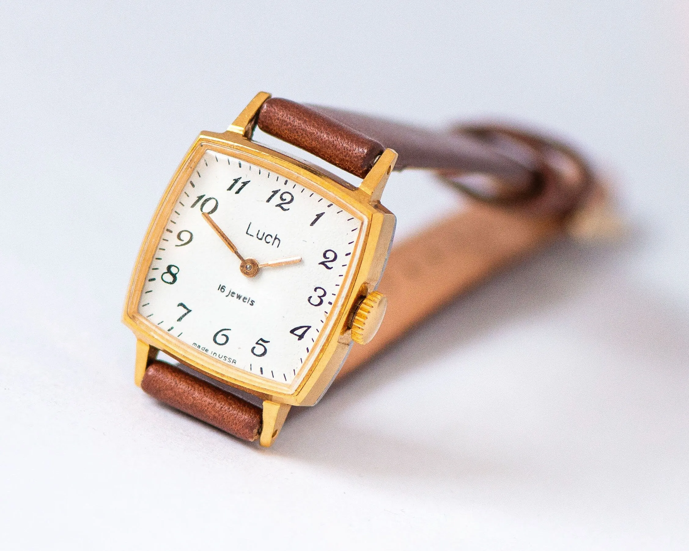 New old stock women's watch square Ray gift, small lady watch gold plated, wristwatch minimalist gift for women, new genuine leather strap