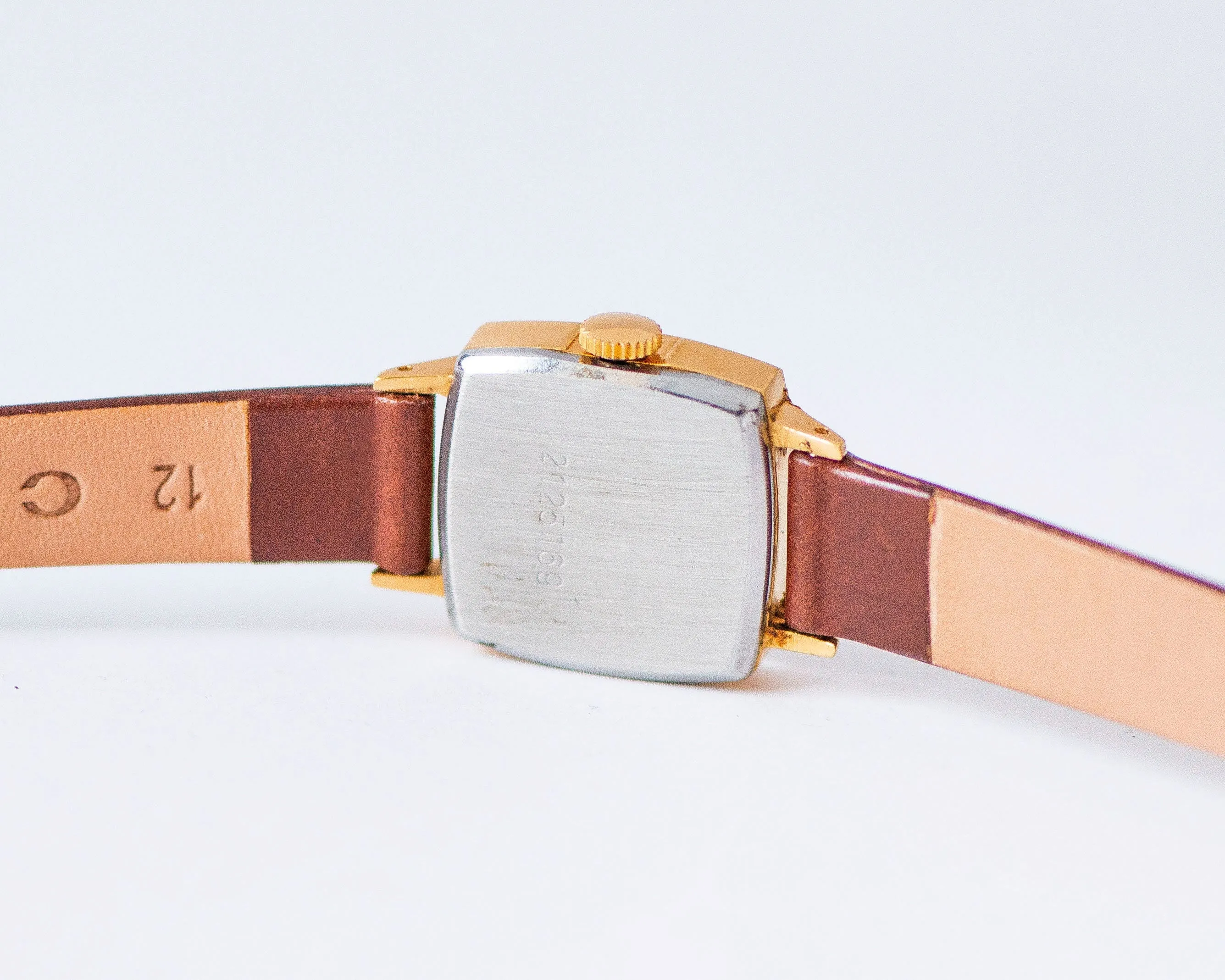 New old stock women's watch square Ray gift, small lady watch gold plated, wristwatch minimalist gift for women, new genuine leather strap