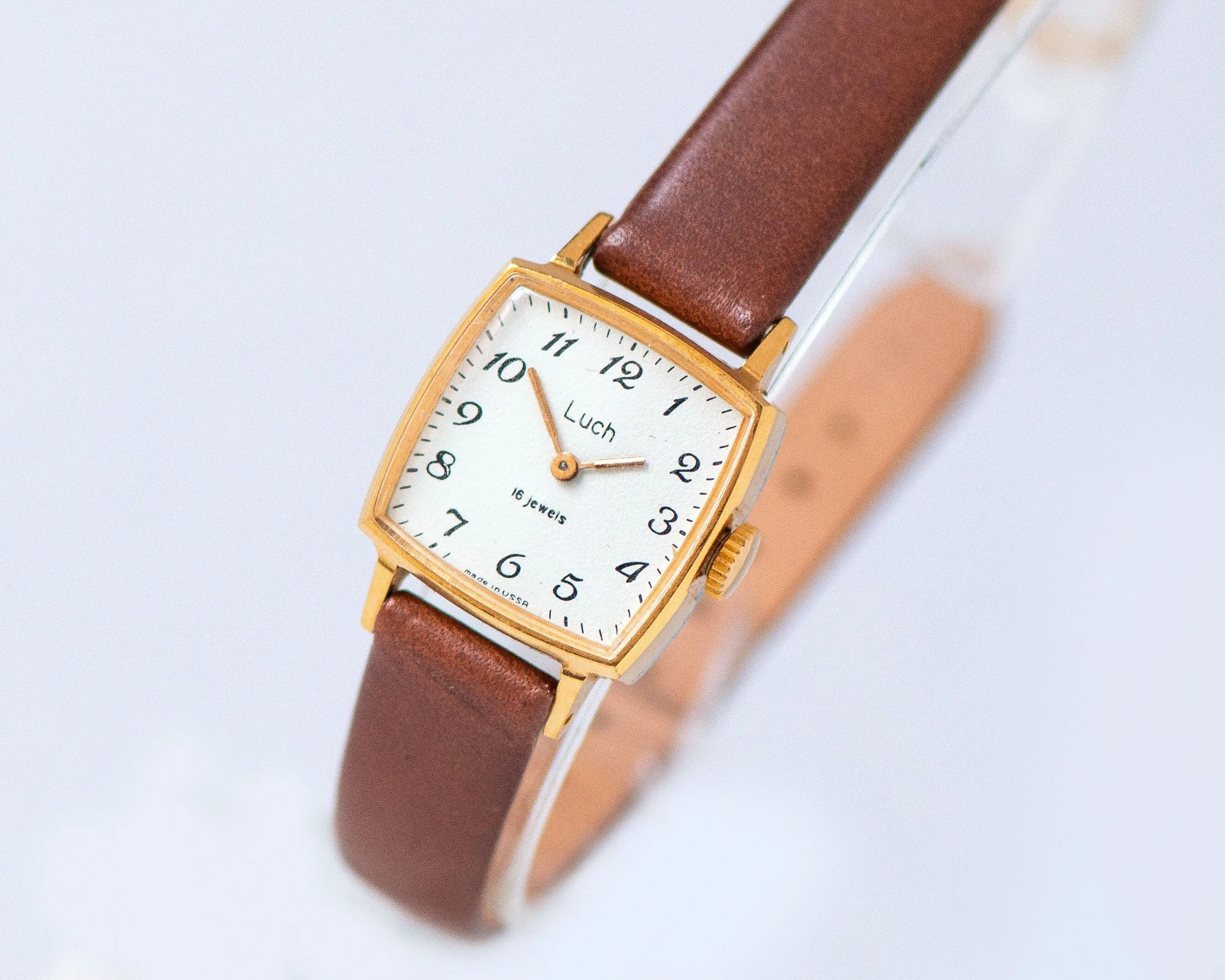New old stock women's watch square Ray gift, small lady watch gold plated, wristwatch minimalist gift for women, new genuine leather strap