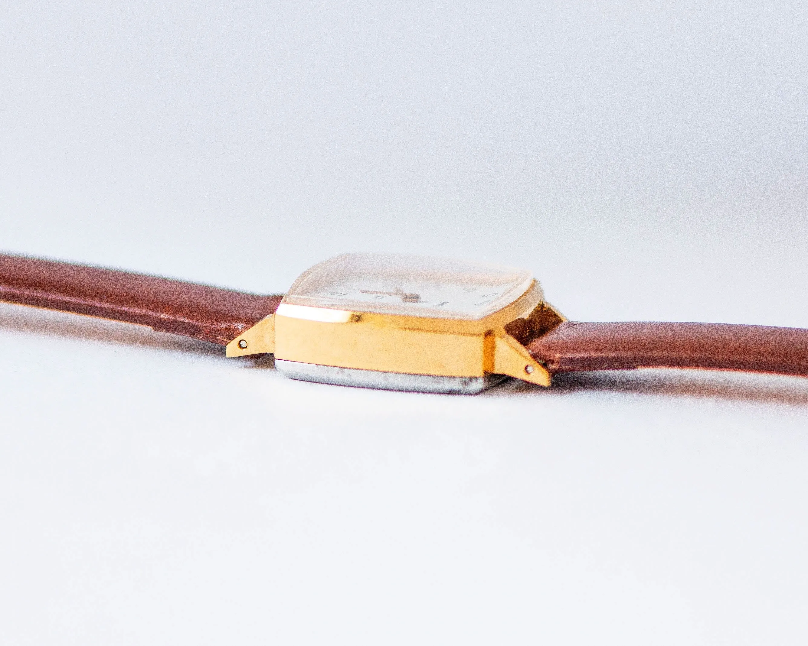 New old stock women's watch square Ray gift, small lady watch gold plated, wristwatch minimalist gift for women, new genuine leather strap