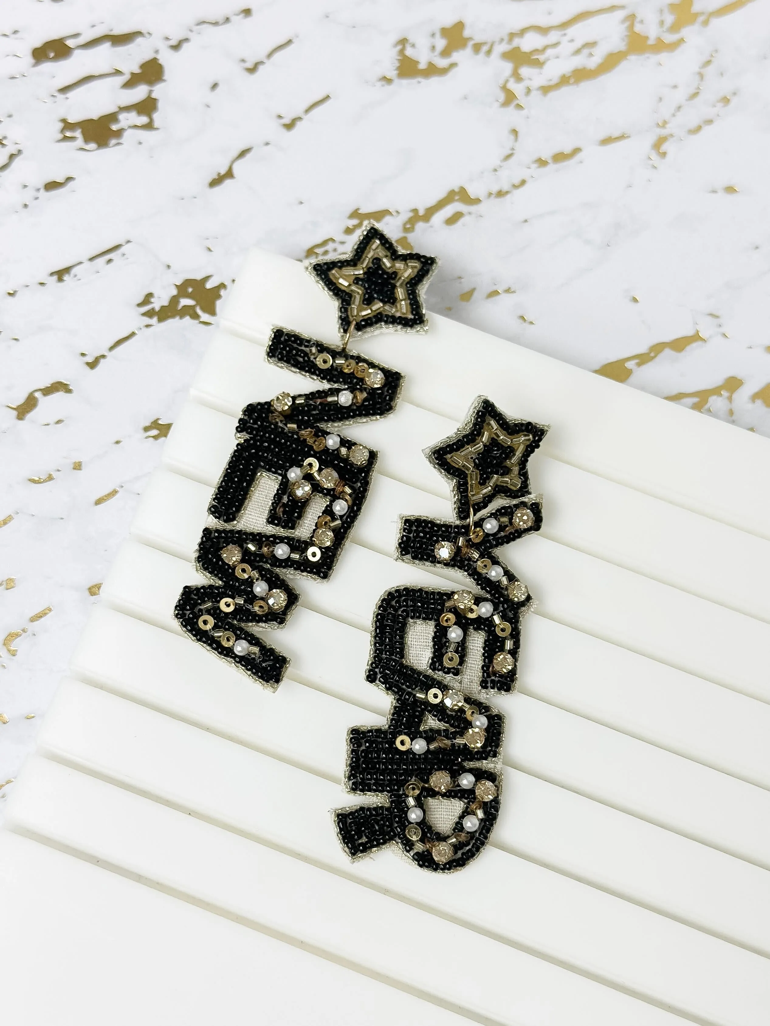 'New Year' Festive Beaded Dangle Earrings - Gold