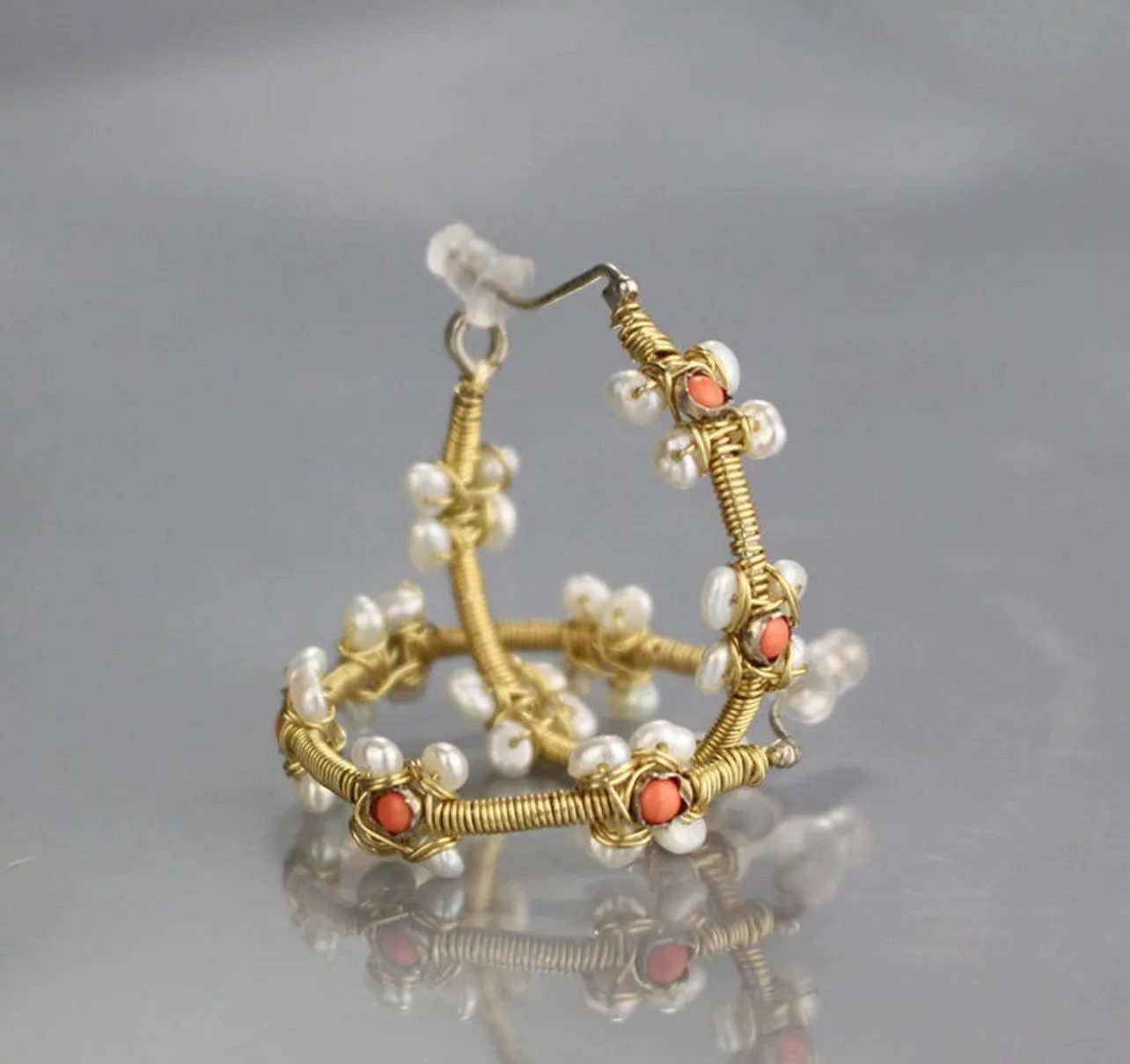 Orange Coral & Freshwater Pearl Gemstone Statement Hoop Earrings