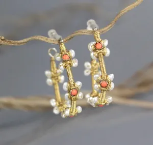 Orange Coral & Freshwater Pearl Gemstone Statement Hoop Earrings