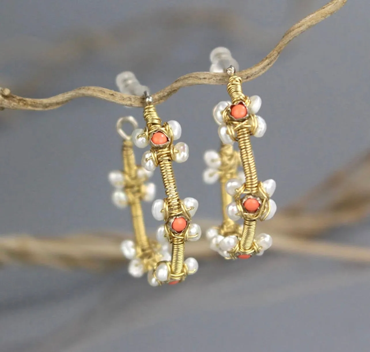 Orange Coral & Freshwater Pearl Gemstone Statement Hoop Earrings