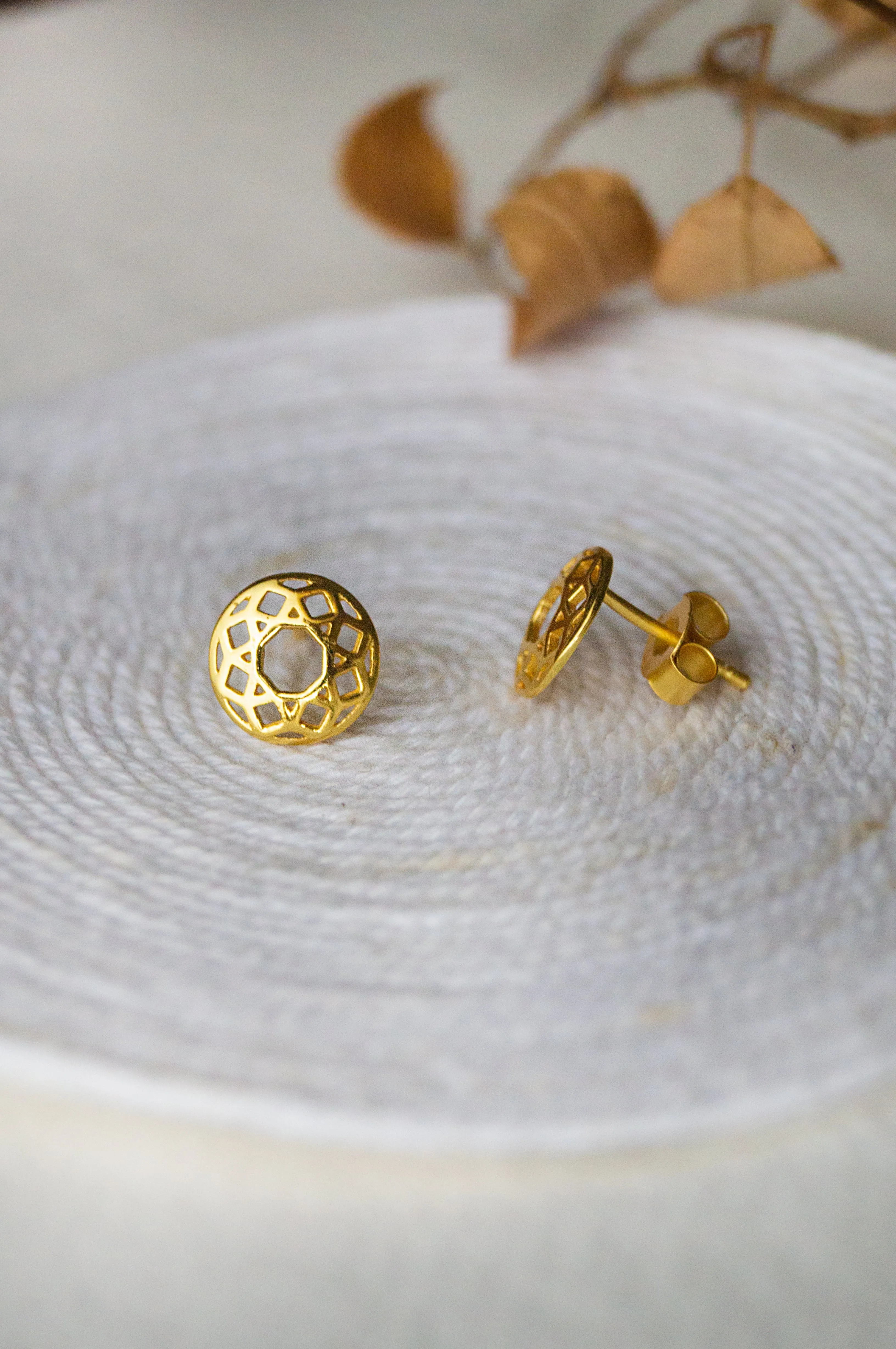 Ornate Circle Gold Plated Statement Sterling Silver Stud Earrings