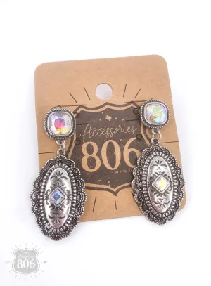 Oval Concho Earrings with Rhinestone Square Post