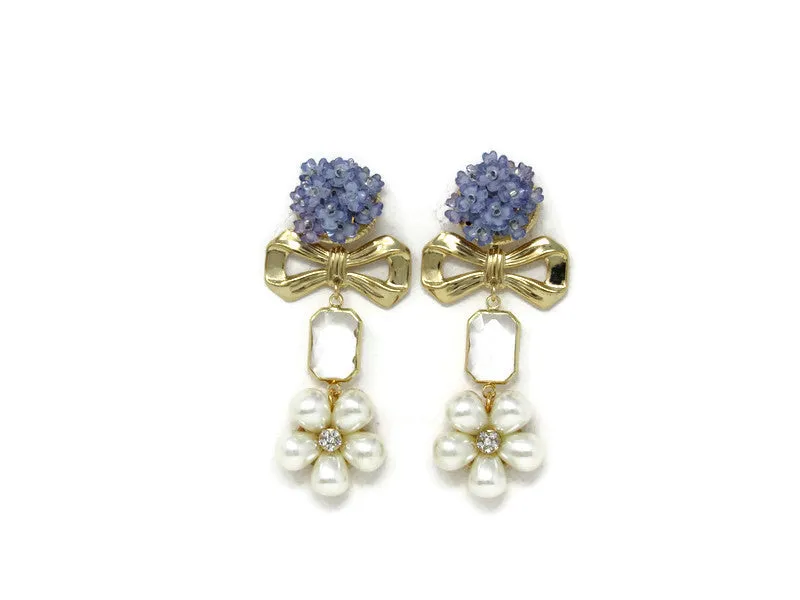 Parisian Bow Statement Earrings-Blue Floral