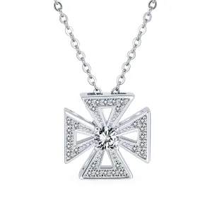Pave CZ Masonic Knight Templar Cross Pendant Necklace Sterling Silver Teens