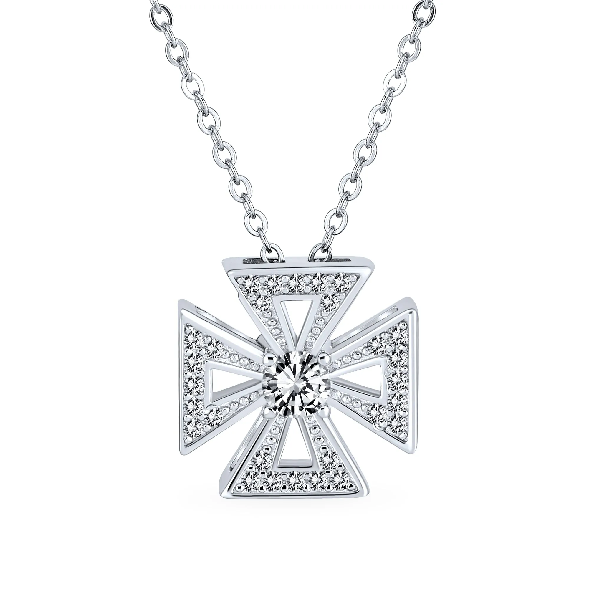 Pave CZ Masonic Knight Templar Cross Pendant Necklace Sterling Silver Teens