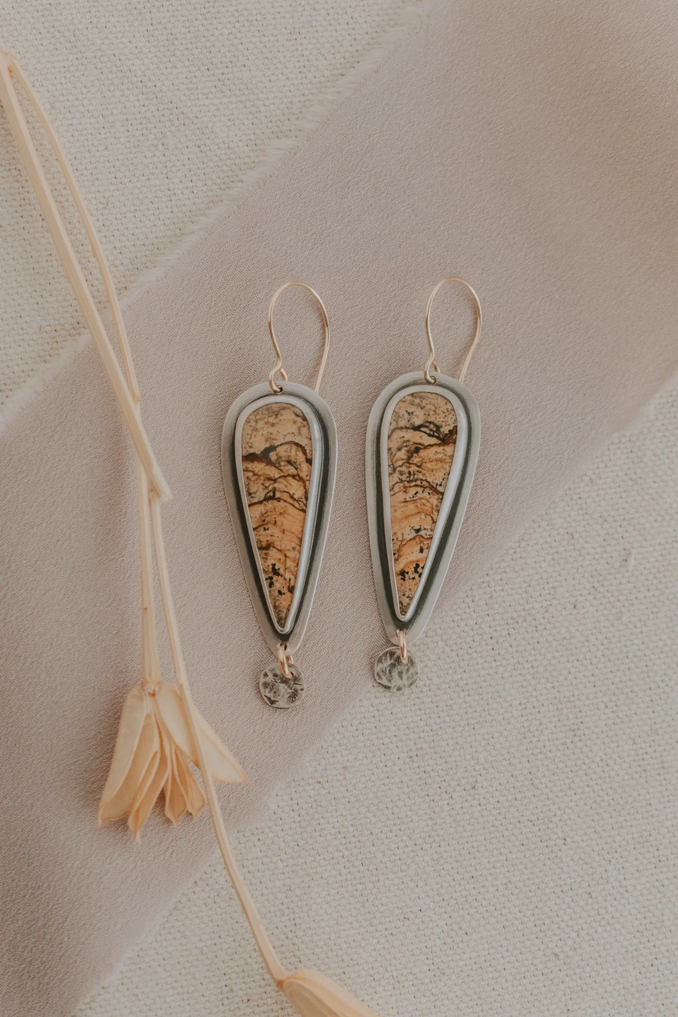 Picture Jasper   Silver Dot Statement Earrings with Gold-Fill Accents