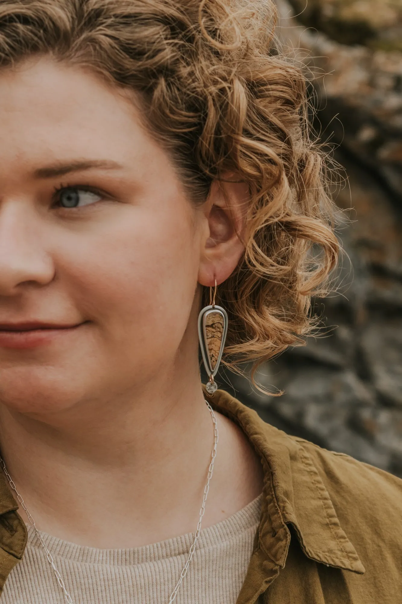Picture Jasper   Silver Dot Statement Earrings with Gold-Fill Accents