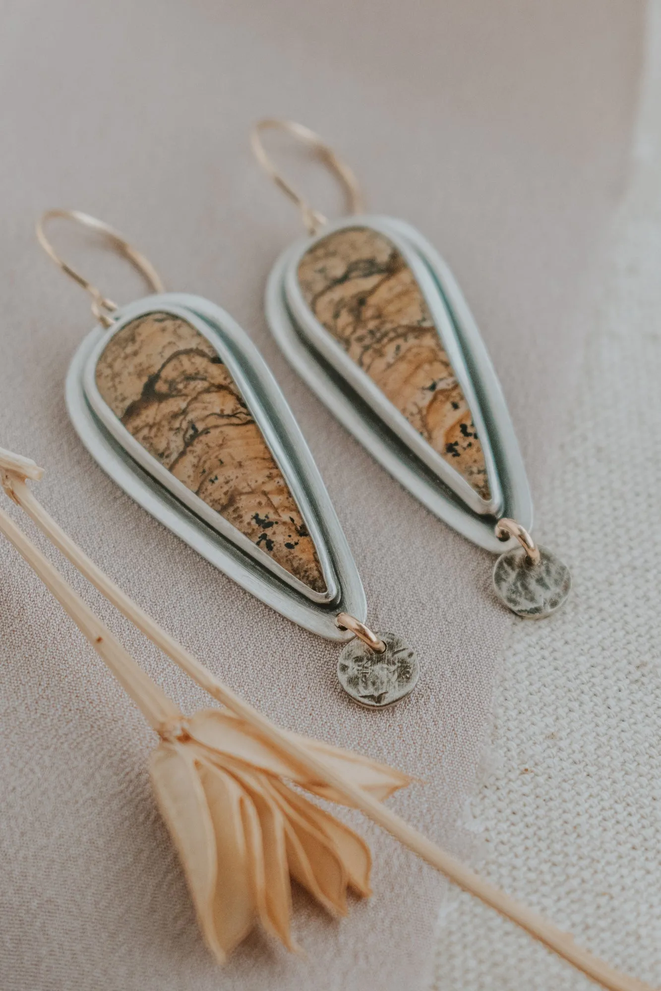 Picture Jasper   Silver Dot Statement Earrings with Gold-Fill Accents