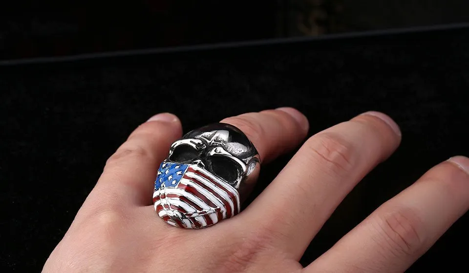 Punk American Flag Stainless Steel Skull Ring for Man Personality Biker Jewelry
