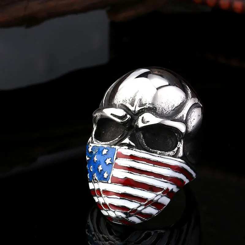 Punk American Flag Stainless Steel Skull Ring for Man Personality Biker Jewelry