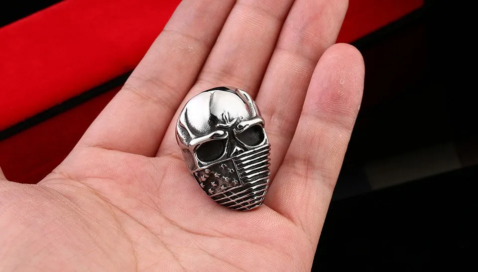 Punk American Flag Stainless Steel Skull Ring for Man Personality Biker Jewelry