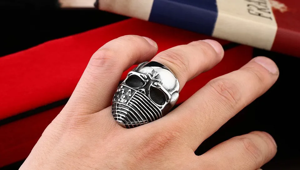 Punk American Flag Stainless Steel Skull Ring for Man Personality Biker Jewelry