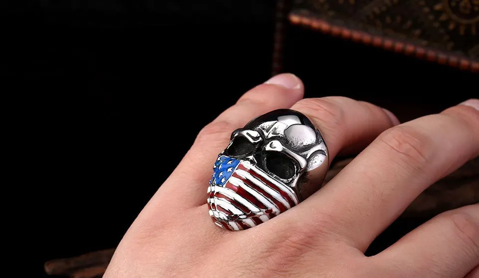Punk American Flag Stainless Steel Skull Ring for Man Personality Biker Jewelry