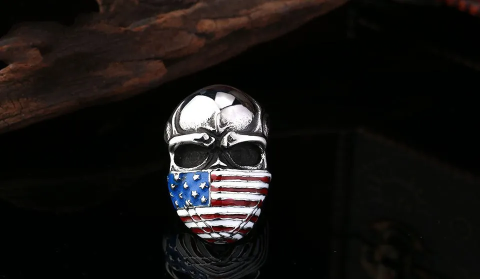 Punk American Flag Stainless Steel Skull Ring for Man Personality Biker Jewelry