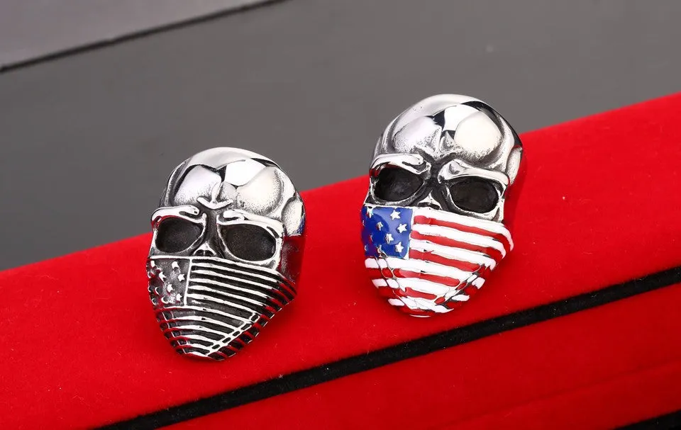 Punk American Flag Stainless Steel Skull Ring for Man Personality Biker Jewelry