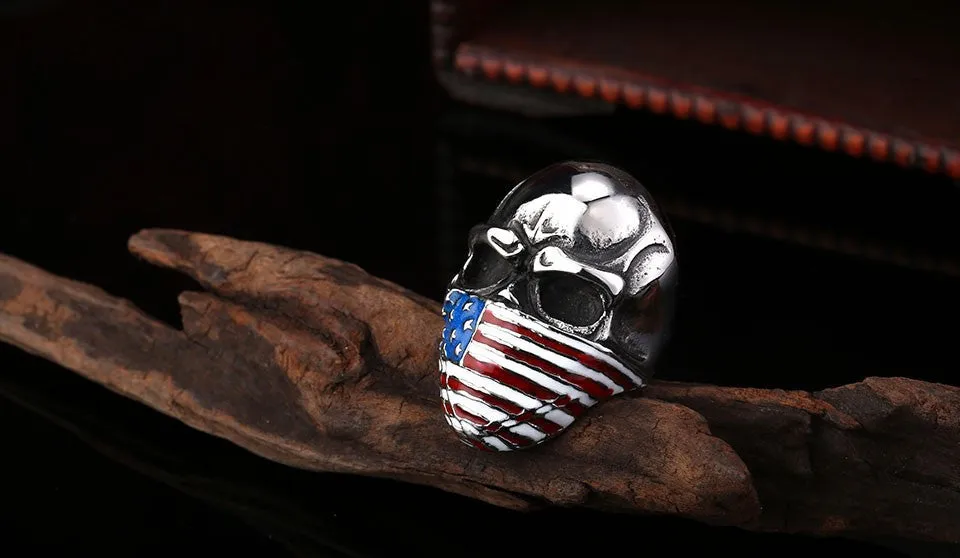 Punk American Flag Stainless Steel Skull Ring for Man Personality Biker Jewelry