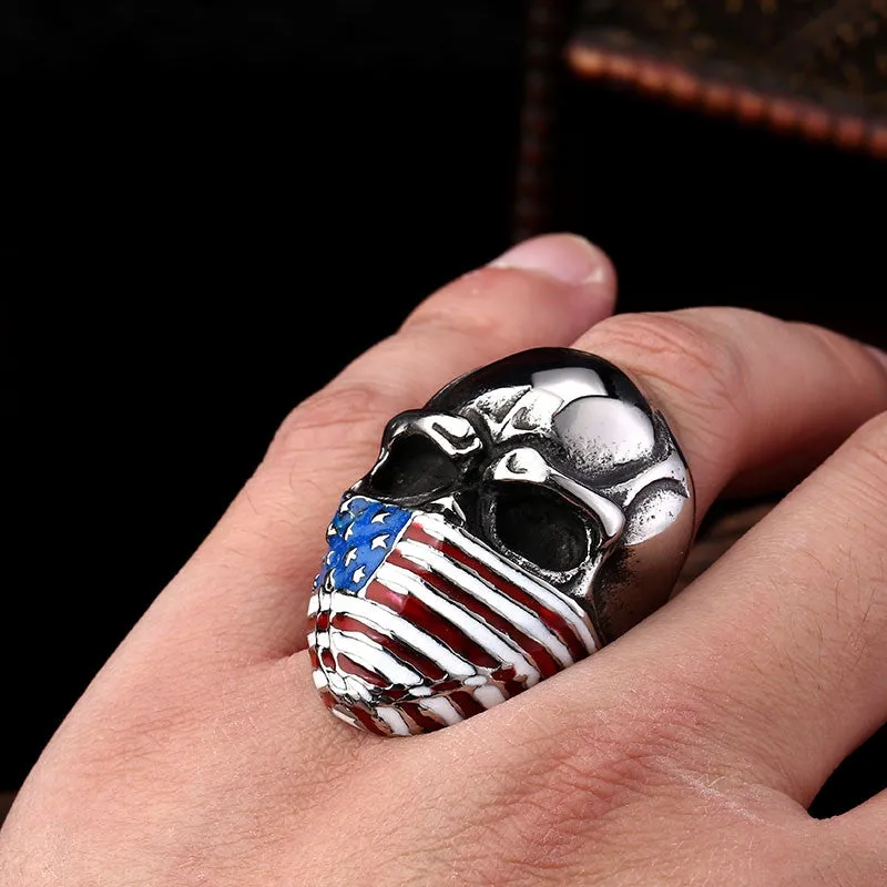 Punk American Flag Stainless Steel Skull Ring for Man Personality Biker Jewelry