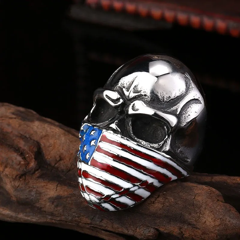 Punk American Flag Stainless Steel Skull Ring for Man Personality Biker Jewelry