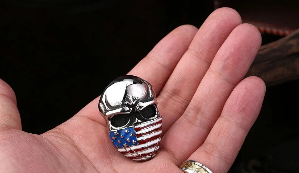 Punk American Flag Stainless Steel Skull Ring for Man Personality Biker Jewelry