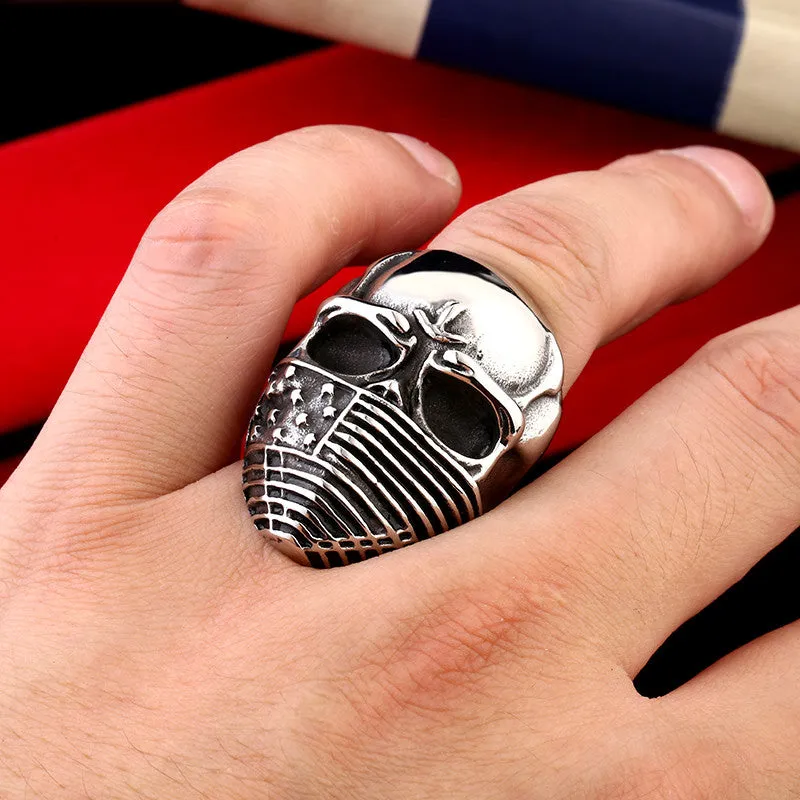 Punk American Flag Stainless Steel Skull Ring for Man Personality Biker Jewelry
