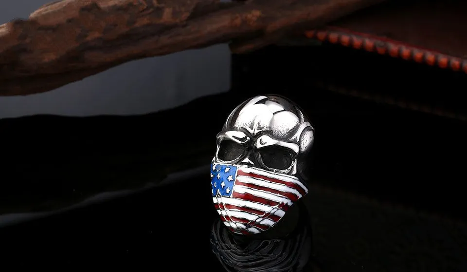Punk American Flag Stainless Steel Skull Ring for Man Personality Biker Jewelry