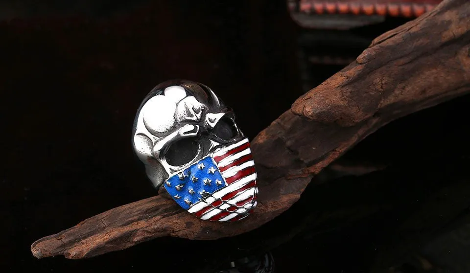 Punk American Flag Stainless Steel Skull Ring for Man Personality Biker Jewelry