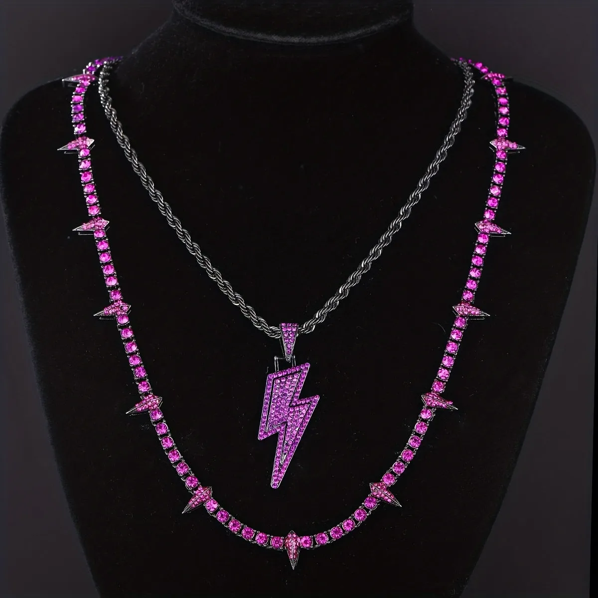 Purple Lightning Pendant Necklace Hip Hop Spiked Purple Tennis Chain Men Teen