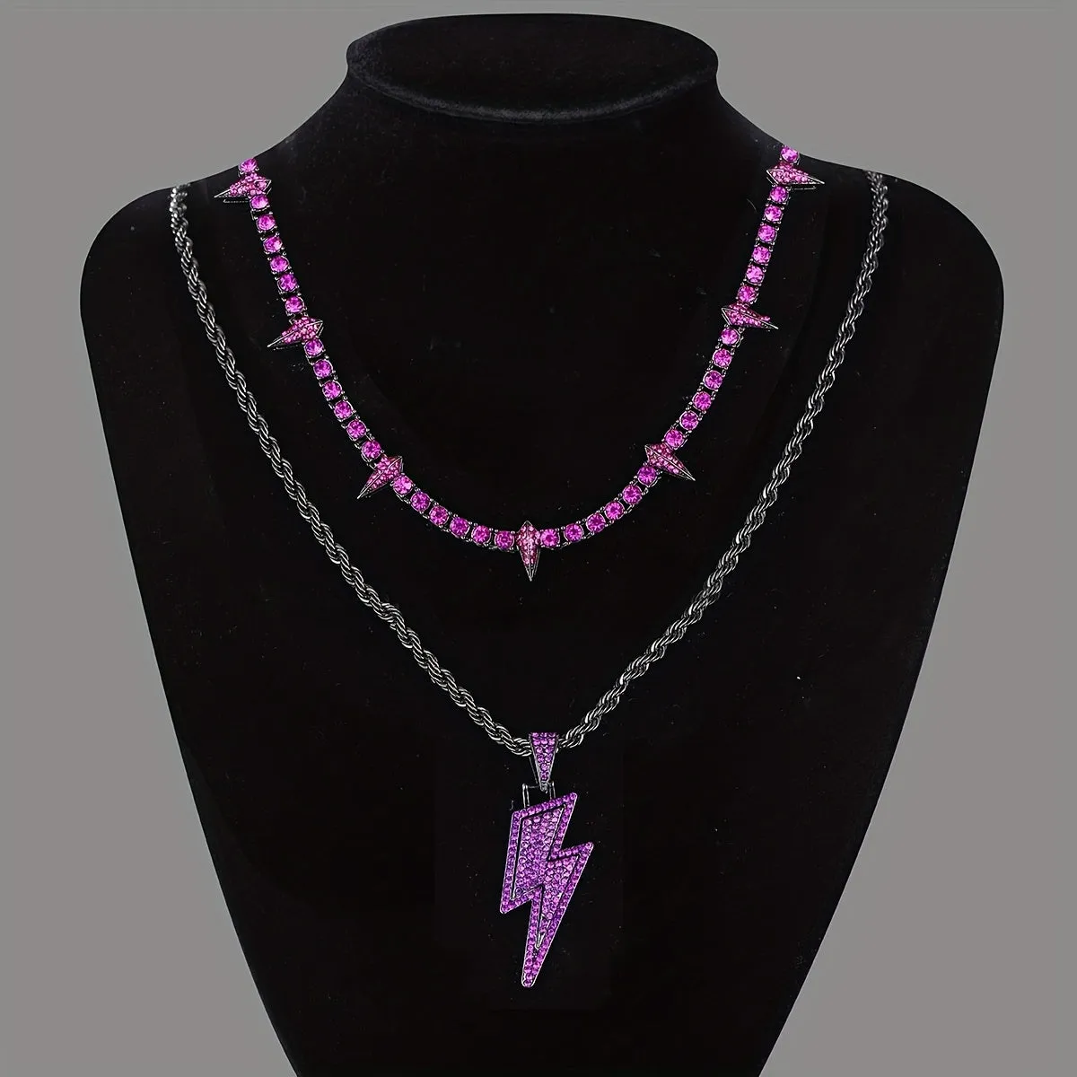 Purple Lightning Pendant Necklace Hip Hop Spiked Purple Tennis Chain Men Teen