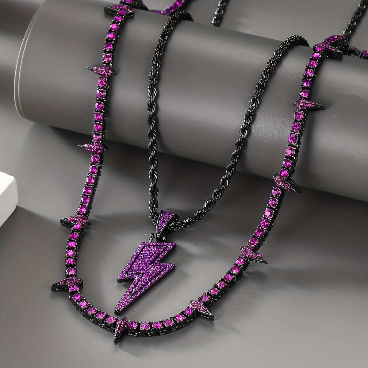 Purple Lightning Pendant Necklace Hip Hop Spiked Purple Tennis Chain Men Teen